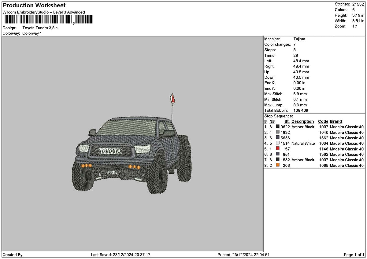 Truck Car 2312 Embroidery File 6 sizes