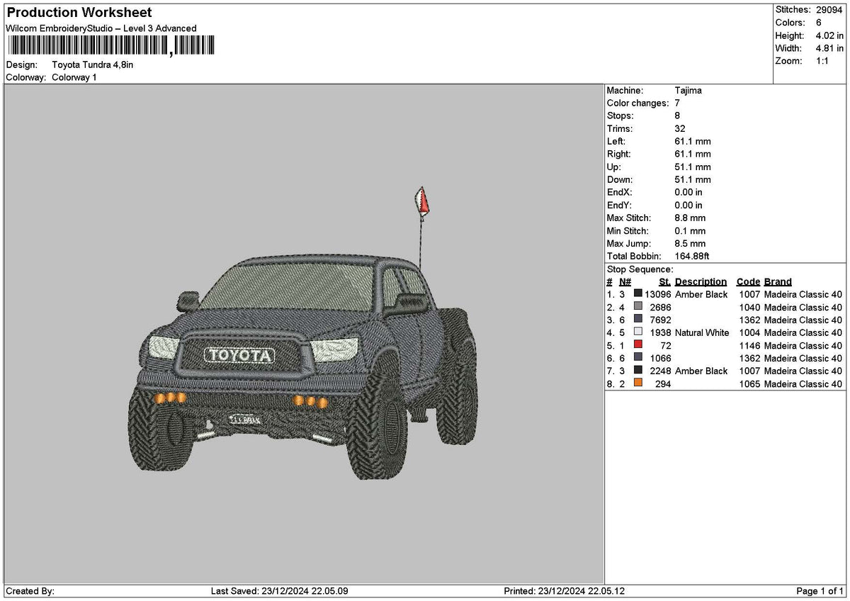 Truck Car 2312 Embroidery File 6 sizes