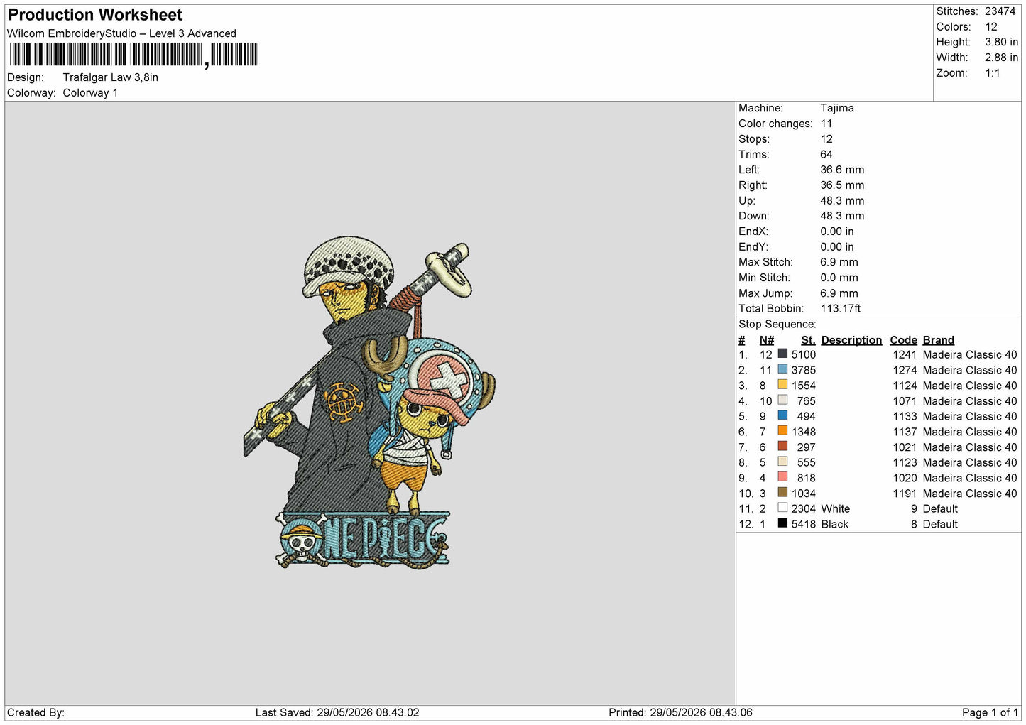 TRAFALGAR LAW Embroidery Machine Design File