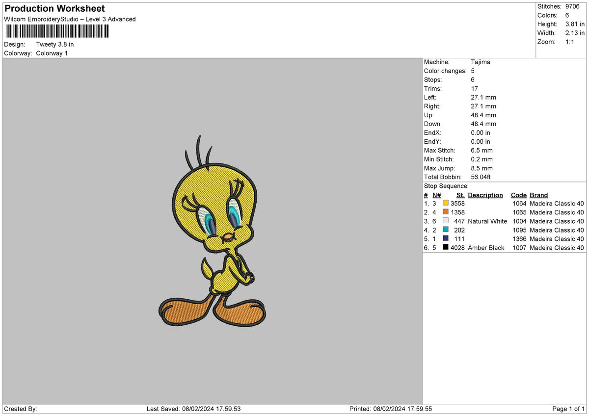 Tweety0802 Embroidery FIle 6 sizes