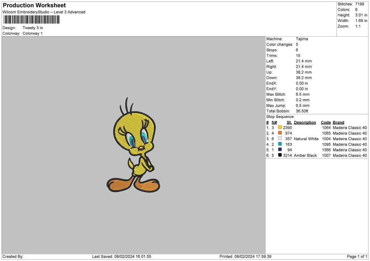 Tweety0802 Embroidery FIle 6 sizes