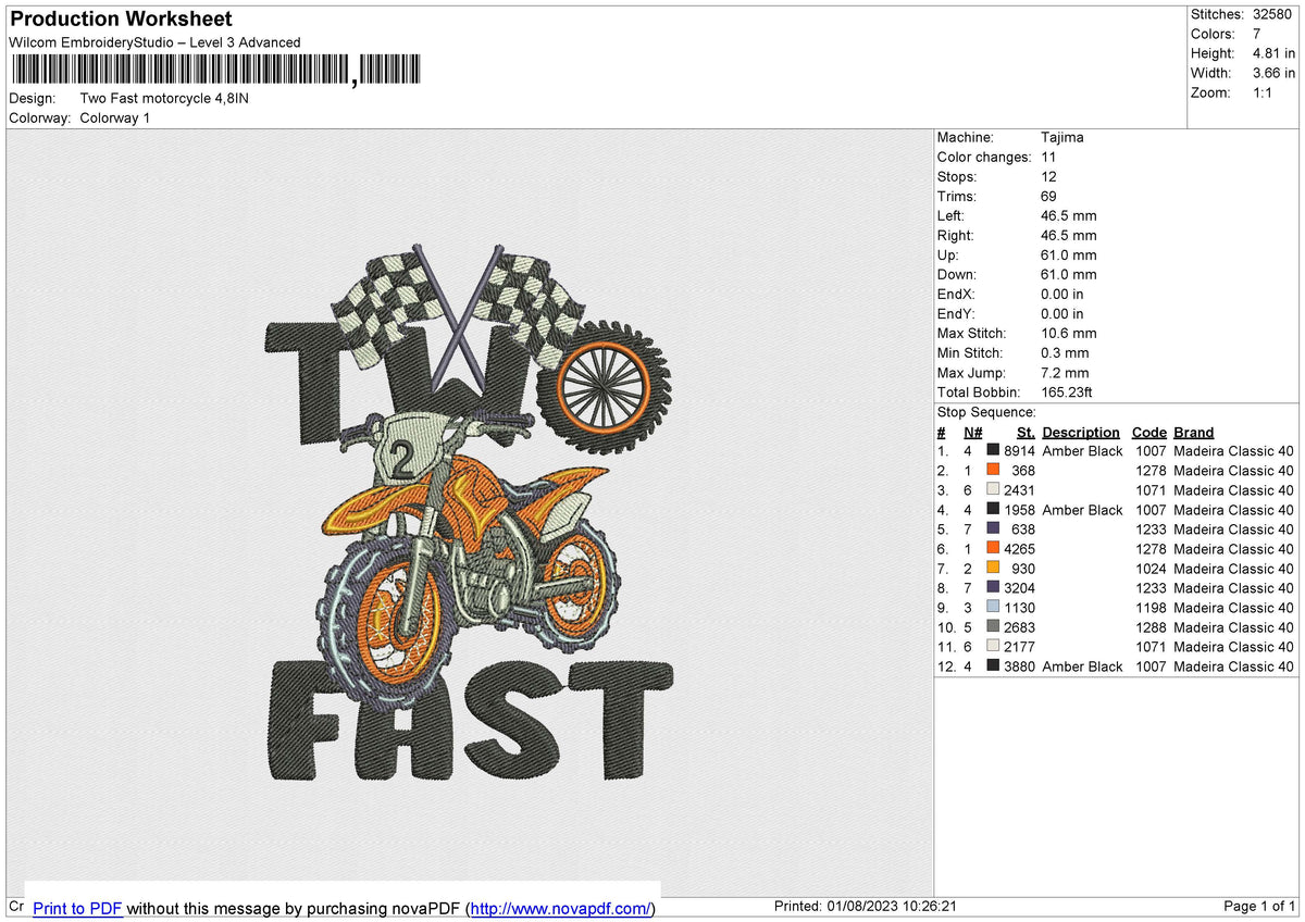 Two Fast motorcycle Embroidery File 6 size