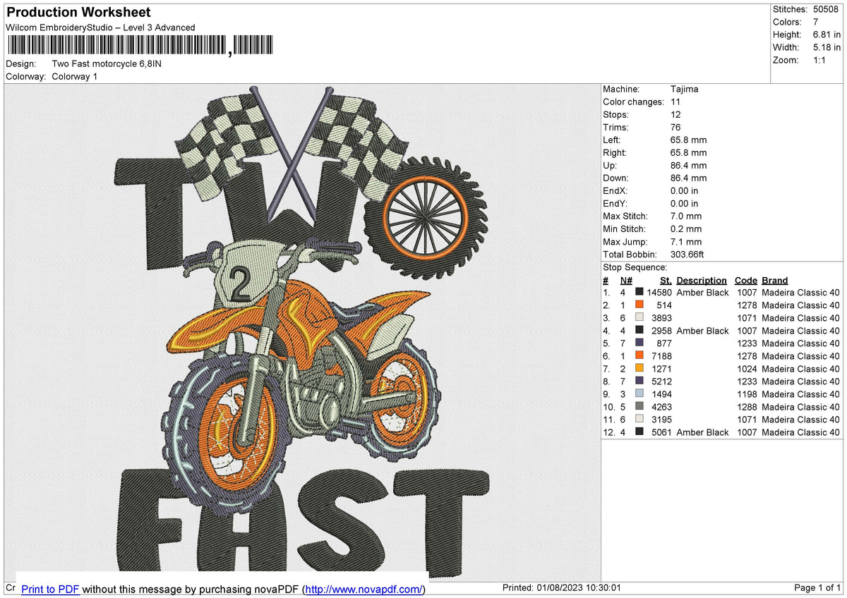 Two Fast motorcycle Embroidery File 6 size