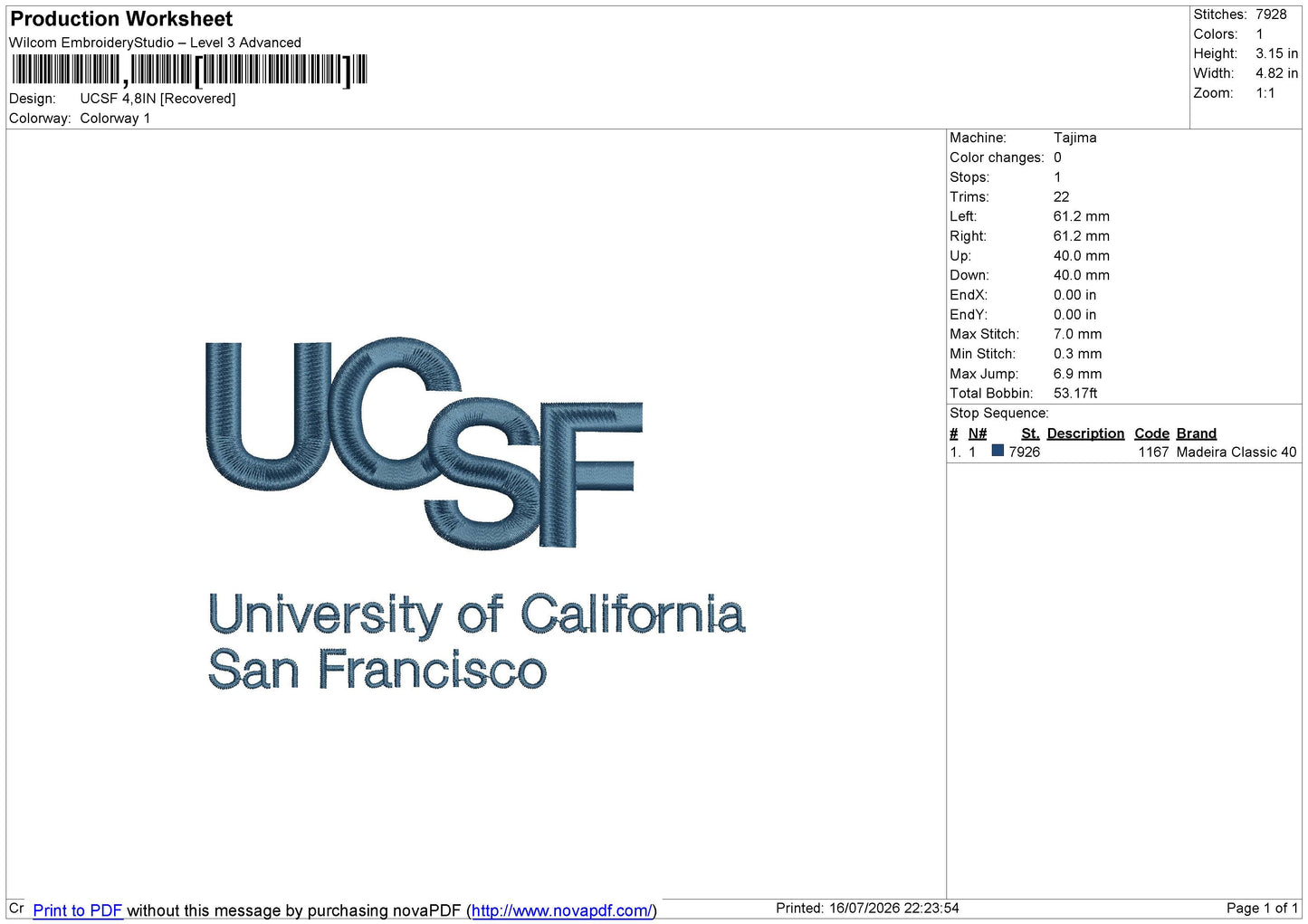 UCSF Embroidery File 6 sizes