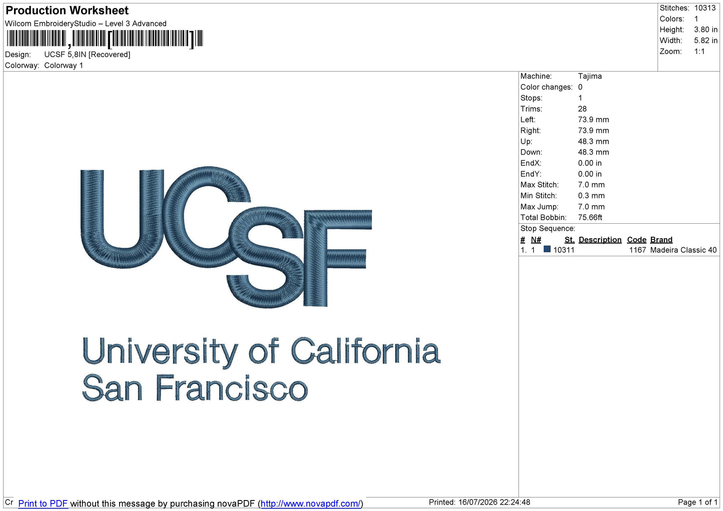 UCSF Embroidery File 6 sizes