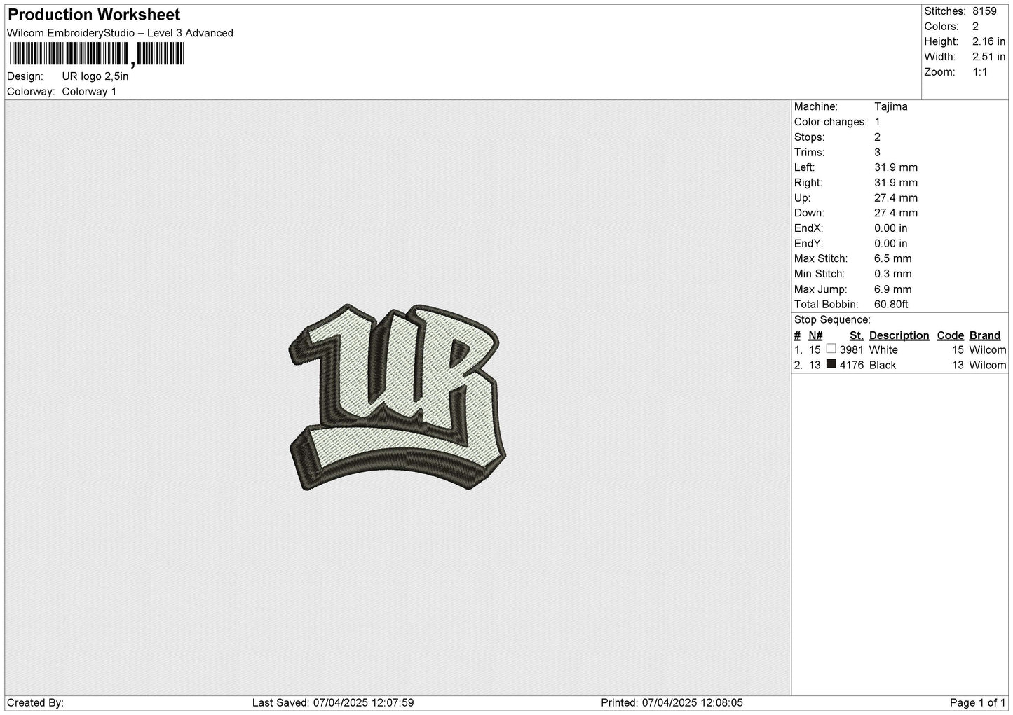 UR logo Embroidery File 6 size