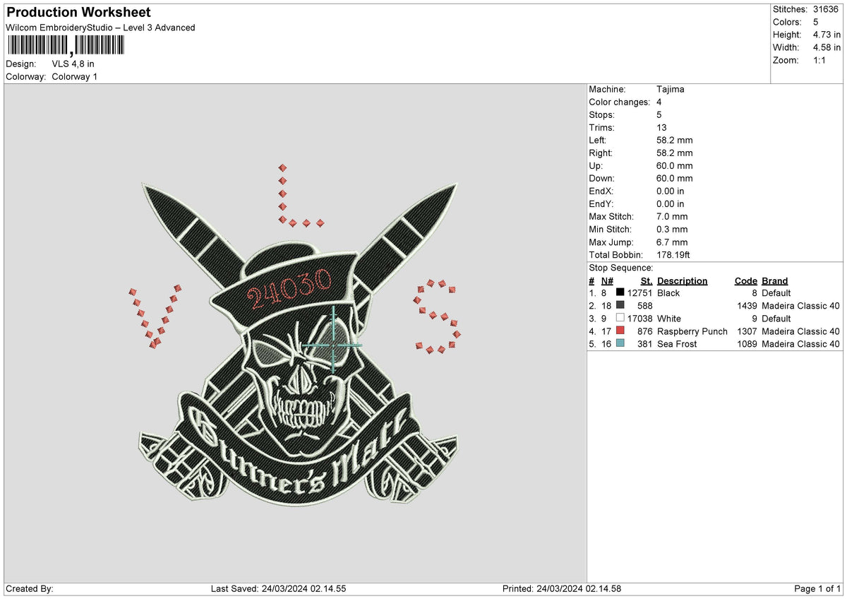 Skull 2403 Embroidery File 6 sizes