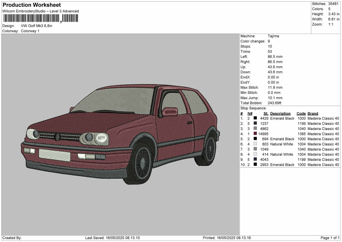 VW Golf Embroidery File 6 size