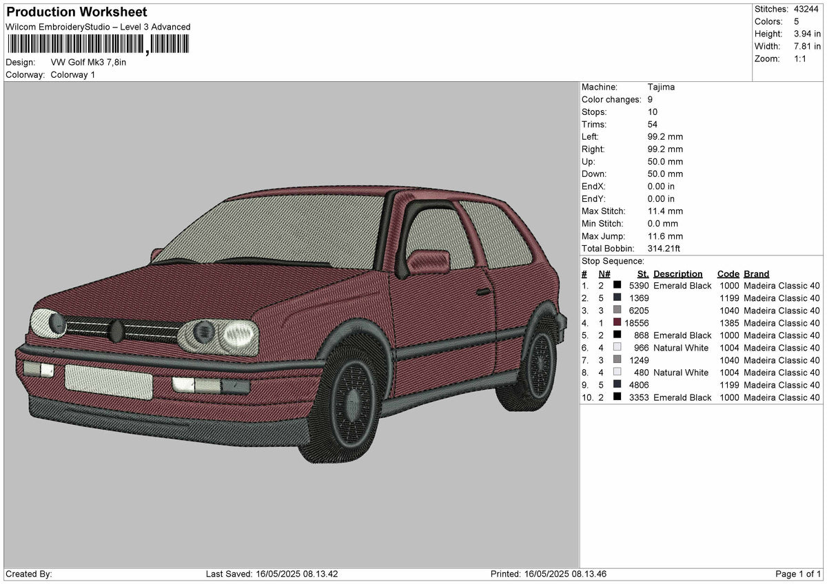 VW Golf Embroidery File 6 size