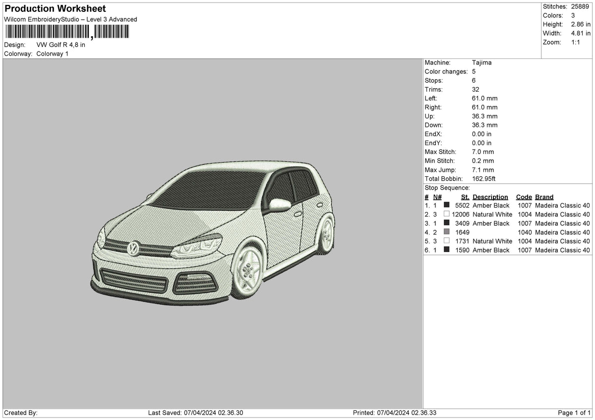 Car White 0704 Embroidery File 6 sizes