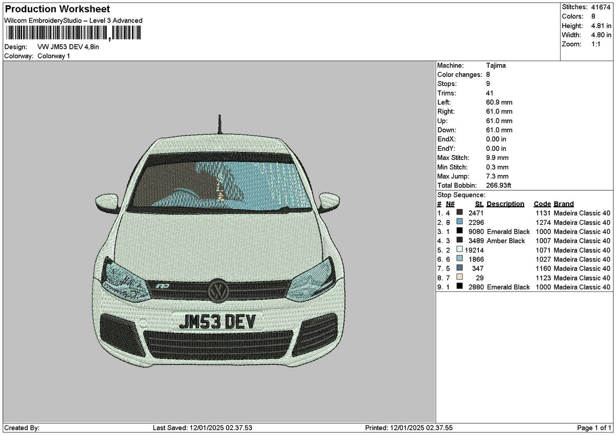 Car 1201a Embroidery File 6 sizes
