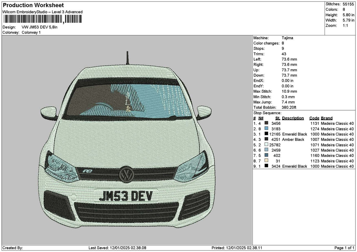 Car 1201a Embroidery File 6 sizes
