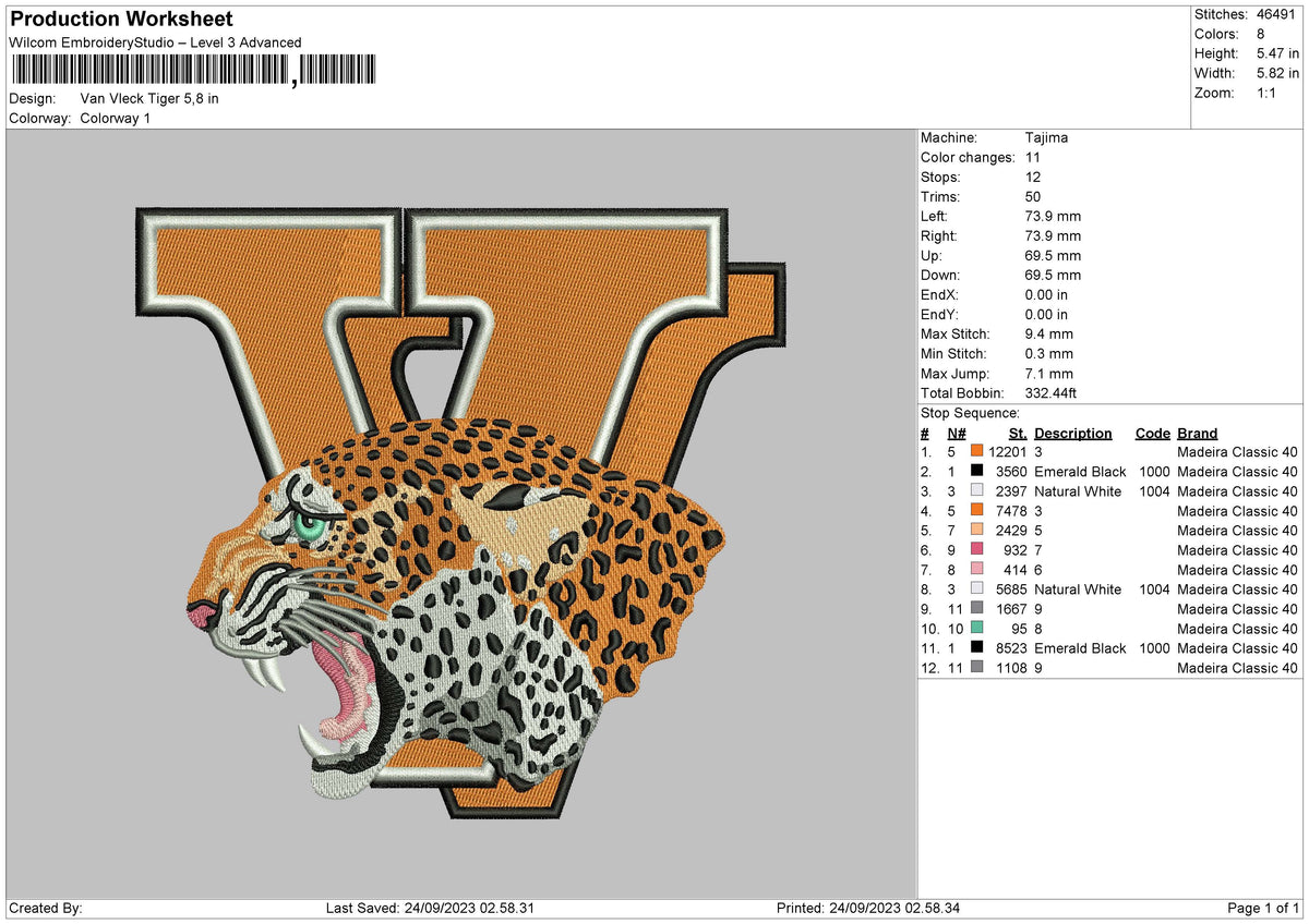 Vleck Tiger Embroidery File 6 sizes