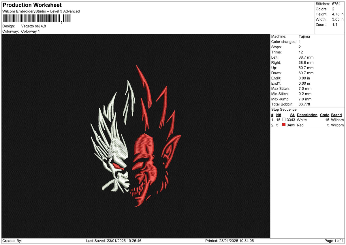 Vegetto ssj3 Embroidery File 6 size