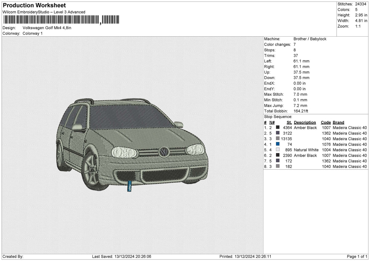 Volkswagen Golf Mk4 Embroidery File 6 size