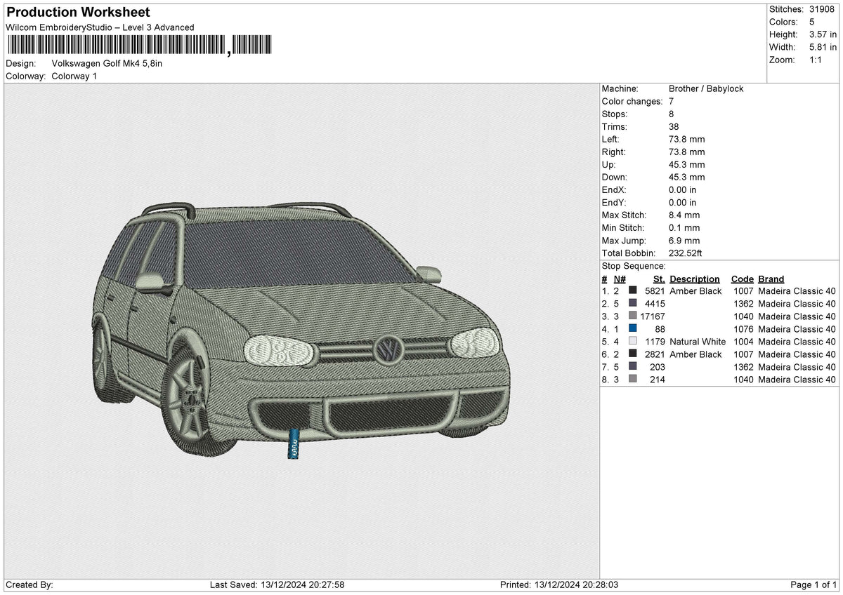 Volkswagen Golf Mk4 Embroidery File 6 size