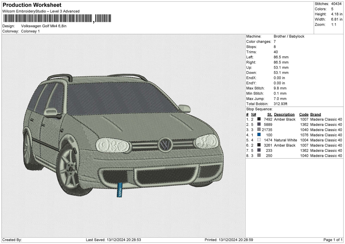 Volkswagen Golf Mk4 Embroidery File 6 size