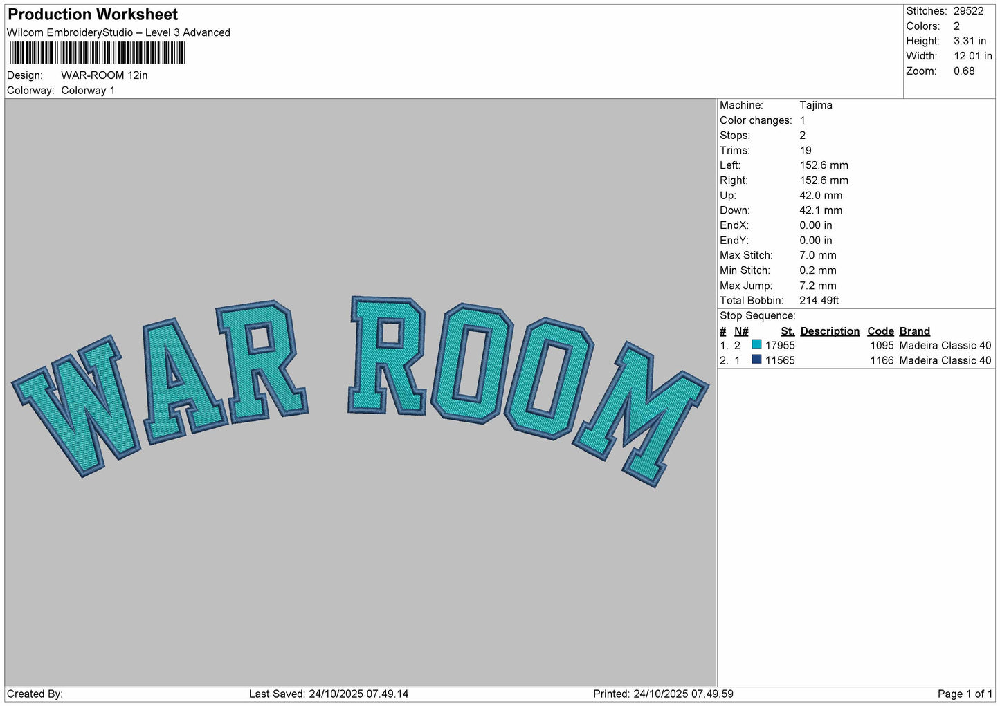 WAR ROOM  Embroidery Files