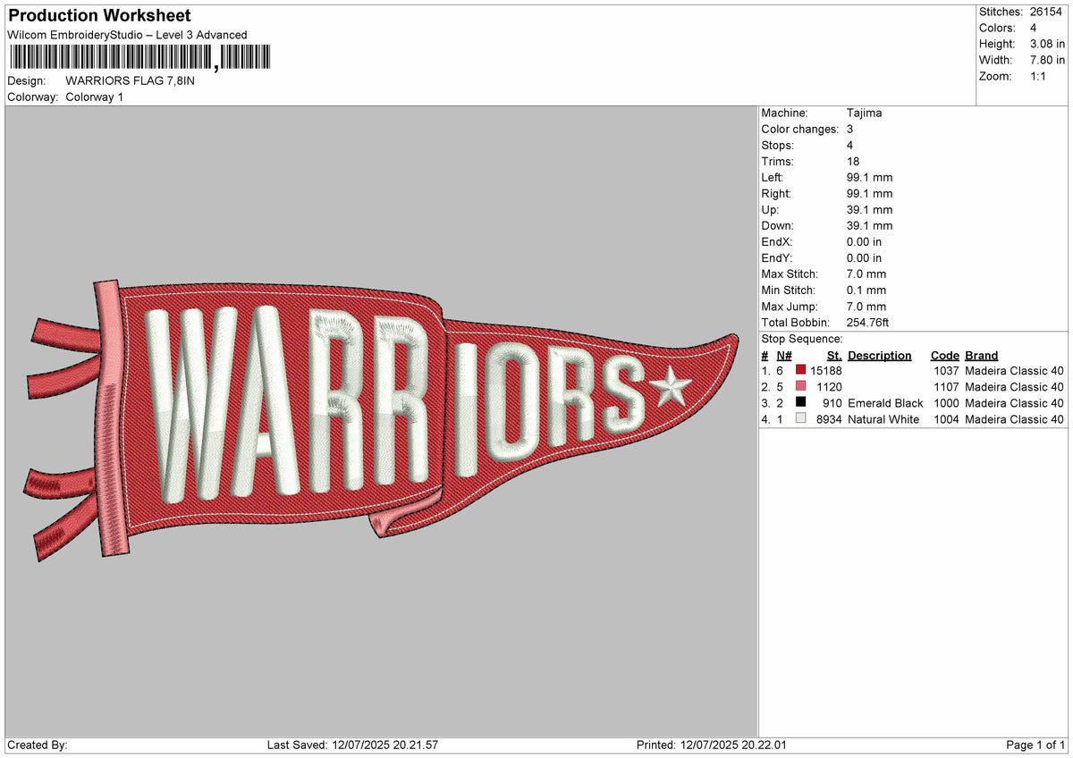 Warriors Flag Embroidery File Design