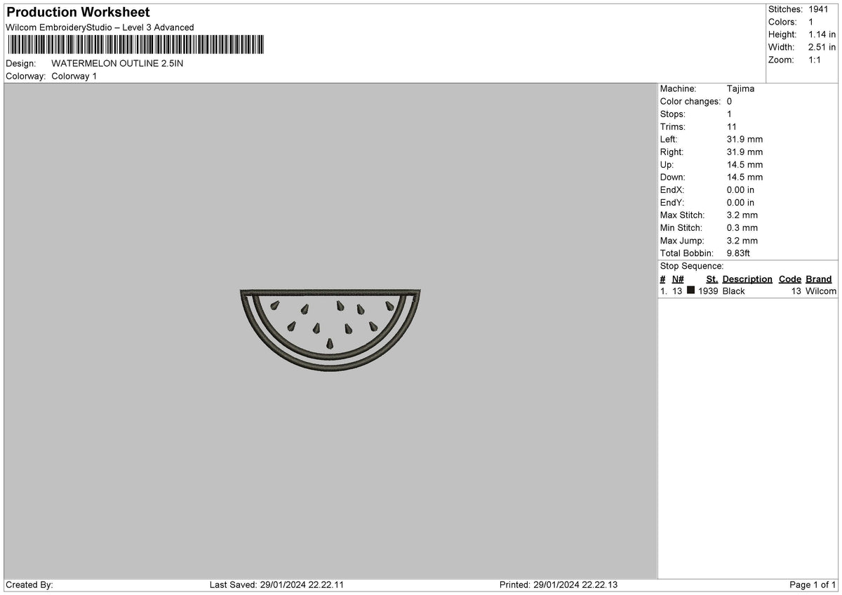 Watermelon Outline Embroidery File 6 sizes