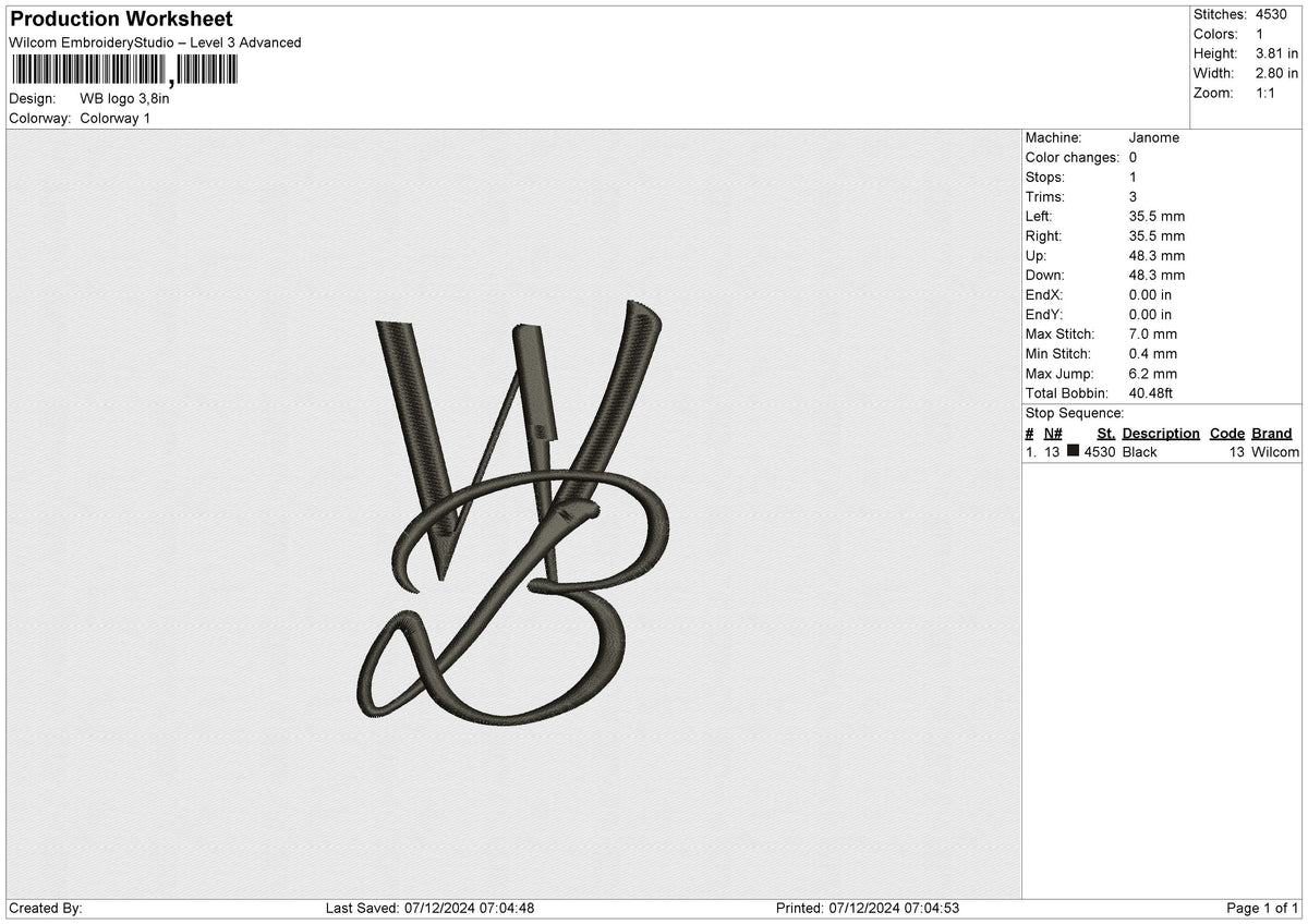 WB logo Embroidery File 6 size