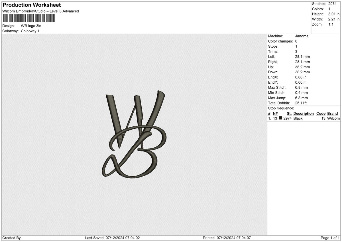 WB logo Embroidery File 6 size