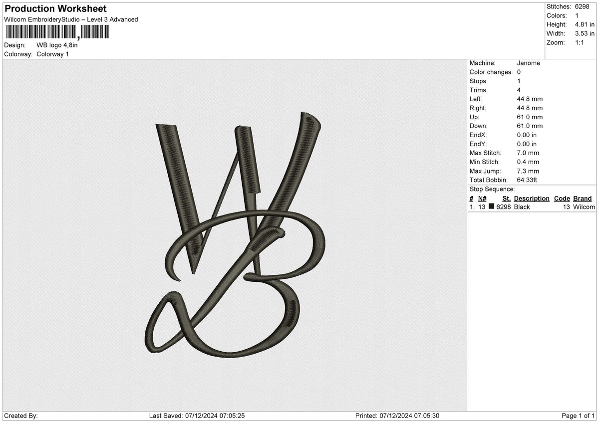 WB logo Embroidery File 6 size