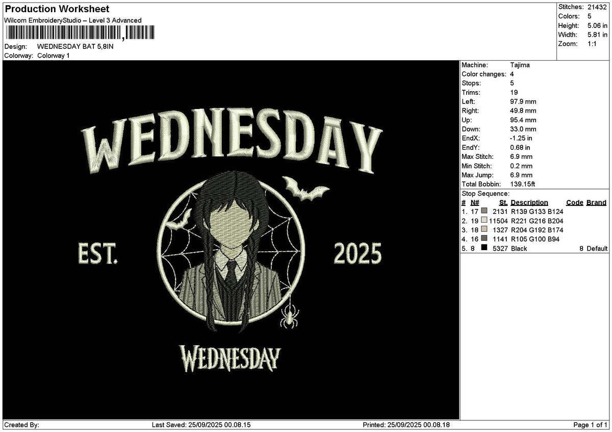 Wednesdaytext 2509 Embroidery File 6 sizes