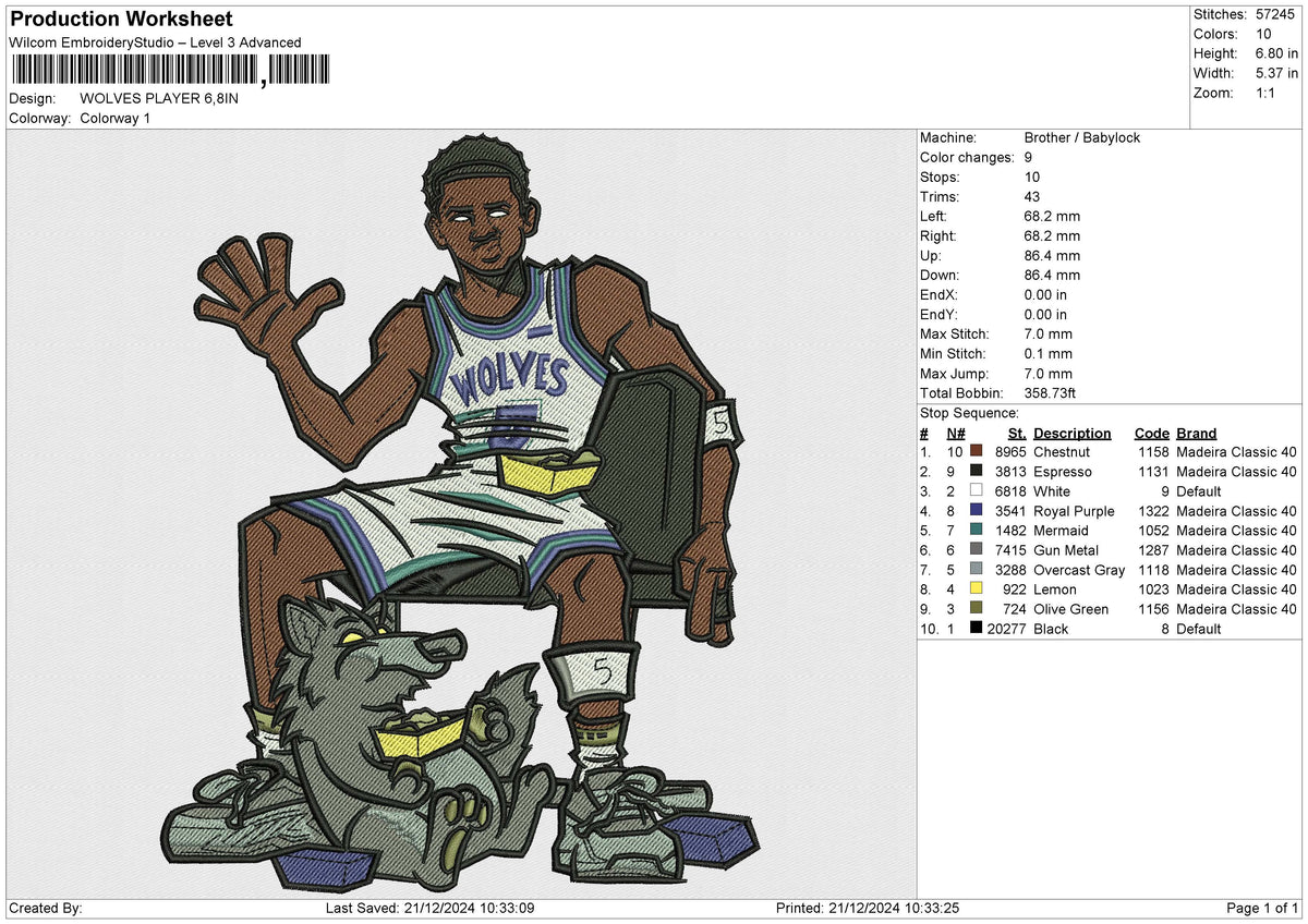 WOLVES PLAYER Embroidery File 6 size