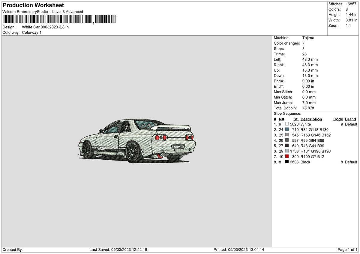 White Car 0903 Embroidery File 6 sizes