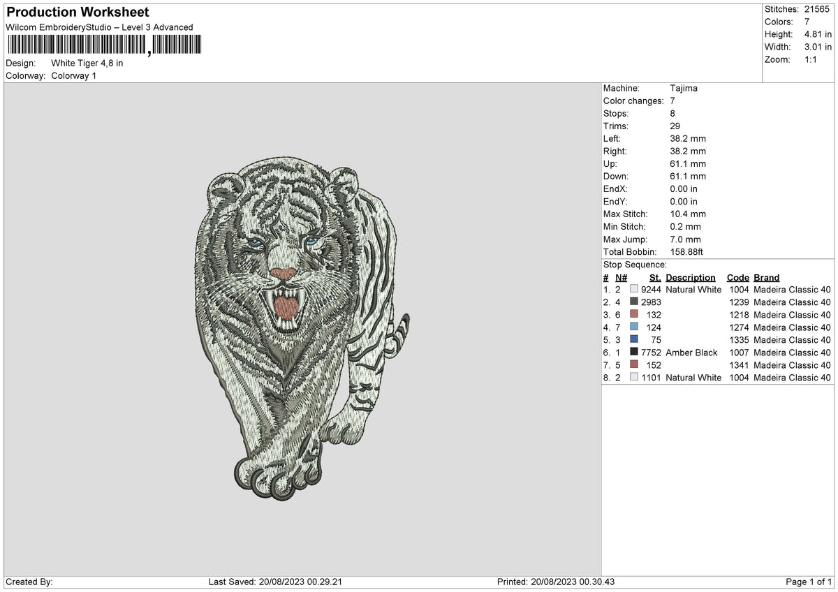 White Tiger Embroidery File 6 sizes