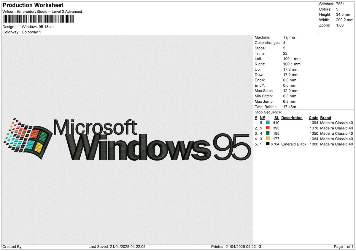 Windows 95 Embroidery File 6 size