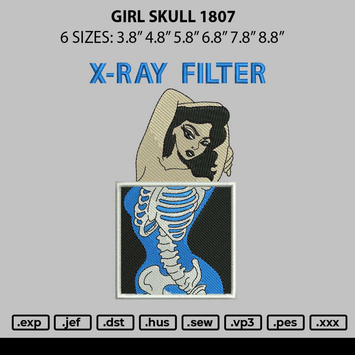 Girl skull 1807 Embroidery File 6 size