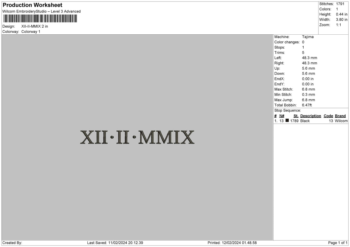 Roman Numerals 1202 Embroidery File 6 sizes
