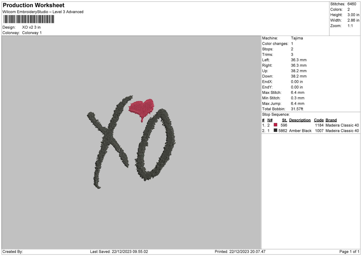 Xo V2 Embroidery File 6 sizes