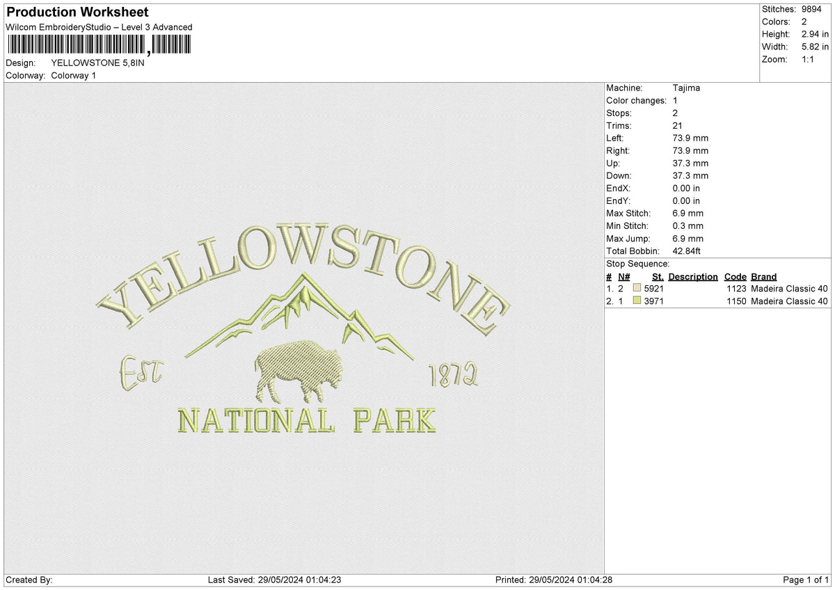 YELLOWSTONE Embroidery File 6 size