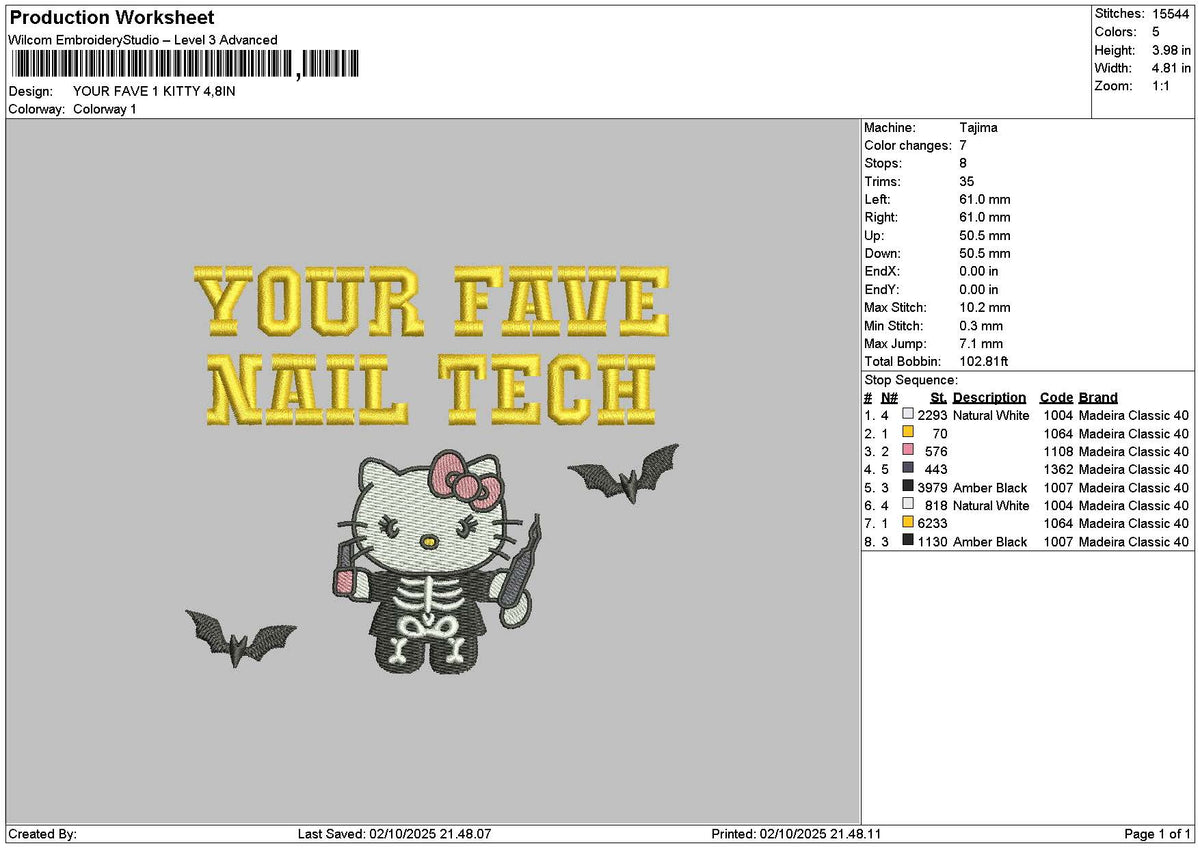 Kitty Fave V2 Embroidery File 6 sizes