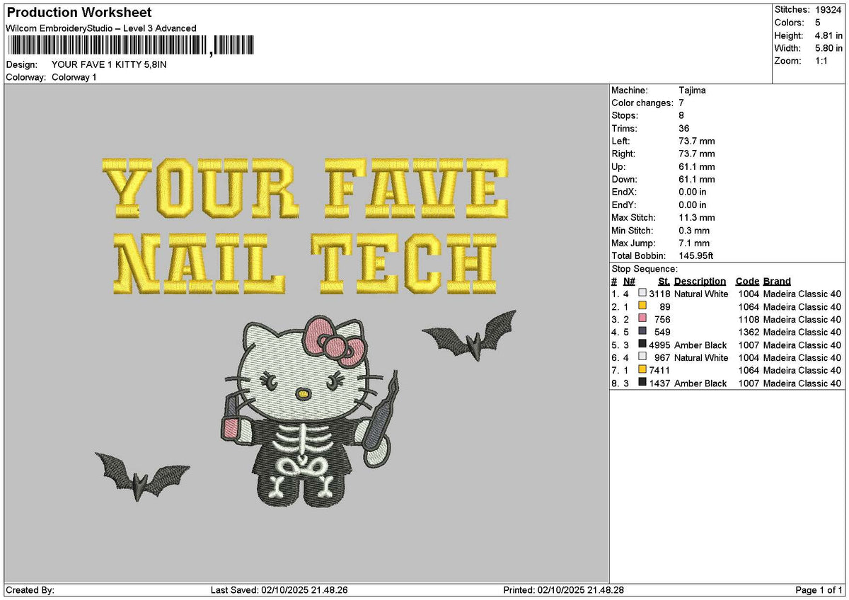 Kitty Fave V2 Embroidery File 6 sizes