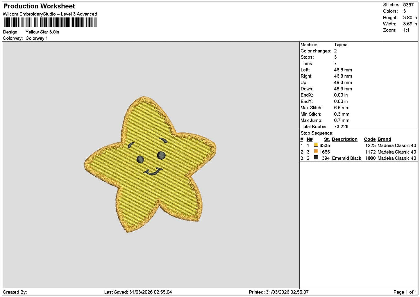 Star Yellow Embroidery File 6 sizes