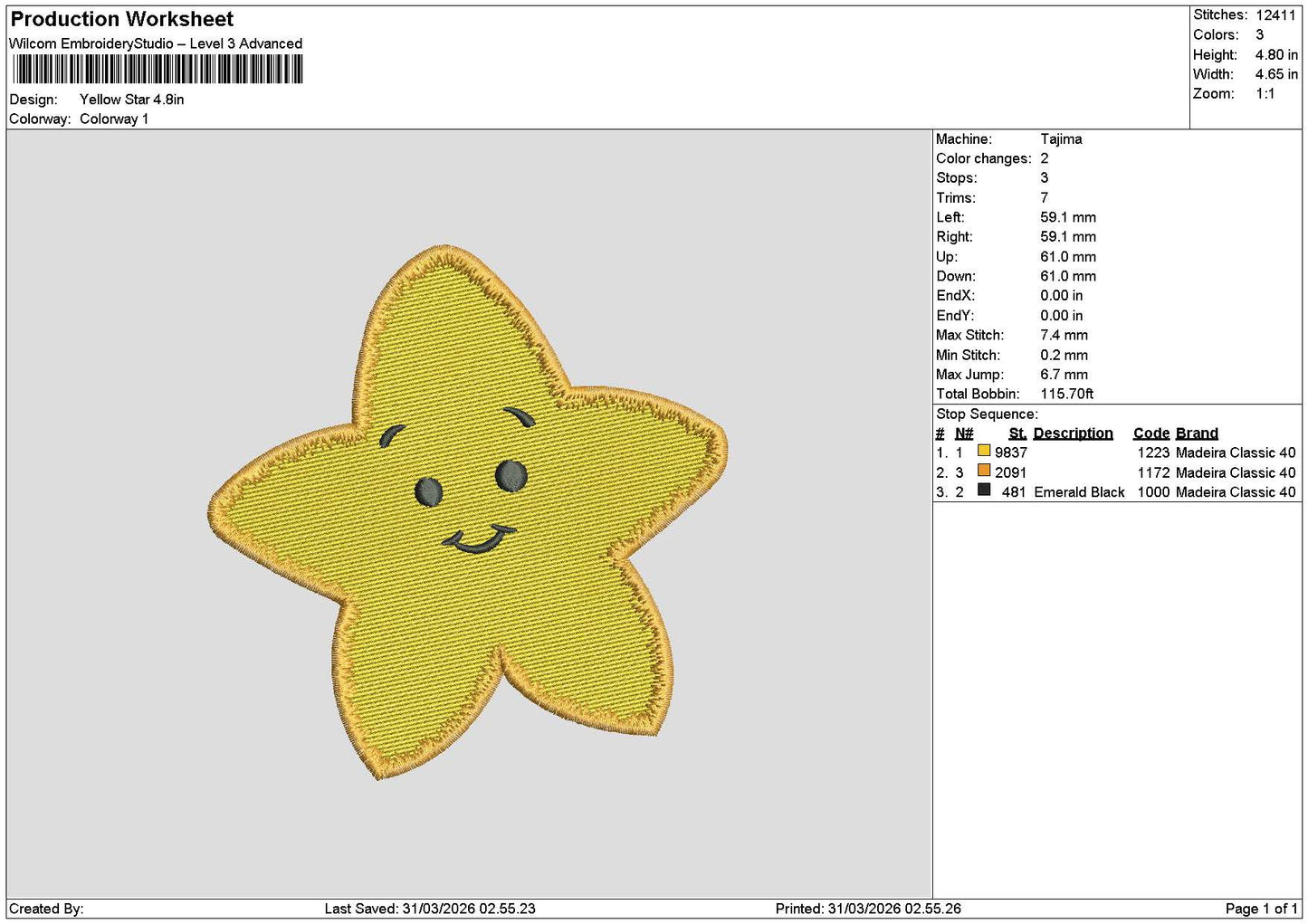 Star Yellow Embroidery File 6 sizes