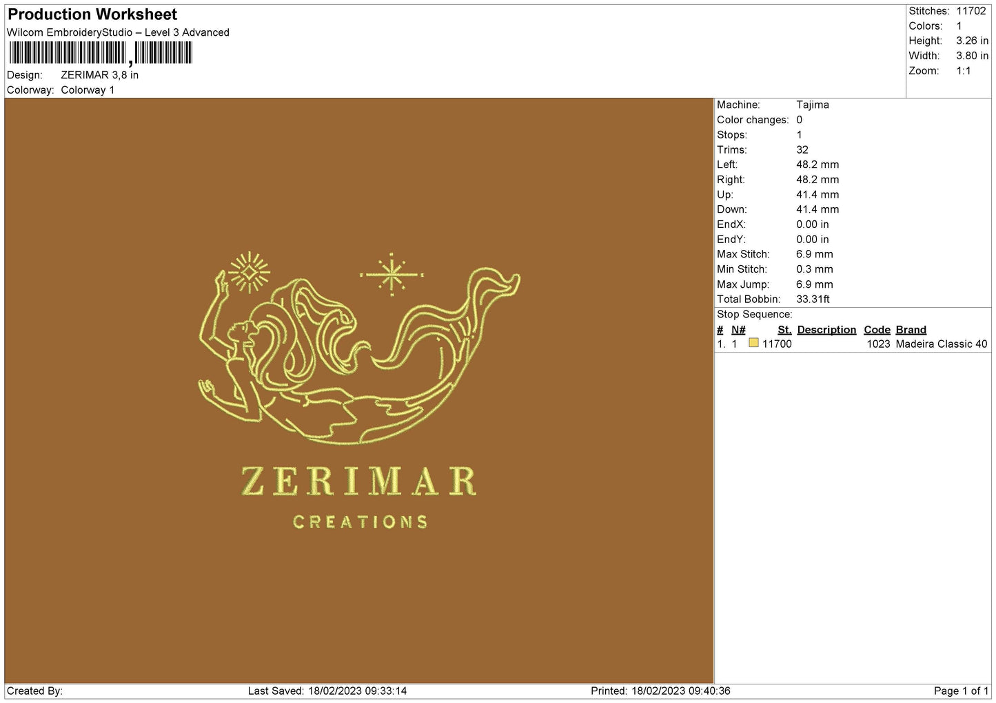 Zerimar Embroidery File 6 sizes