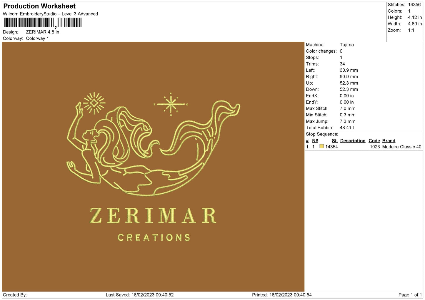 Zerimar Embroidery File 6 sizes