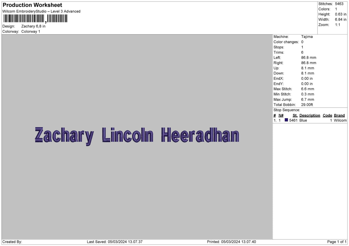 Zachary Text Embroidery File 6 sizes