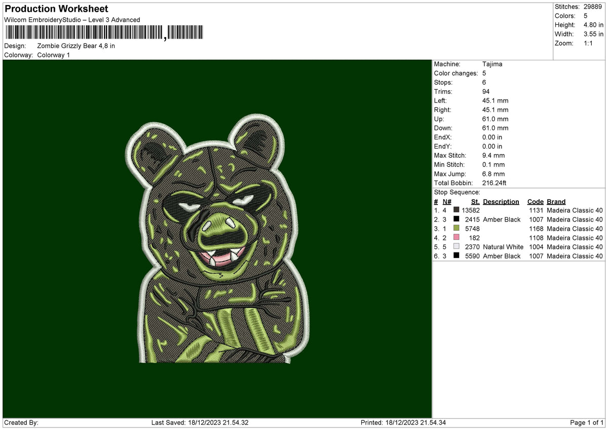Zombie Bear Embroidery File 6 sizes