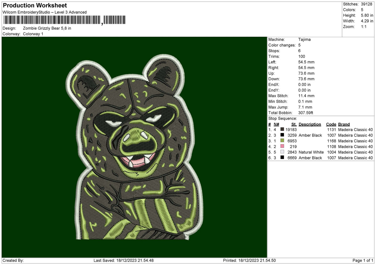 Zombie Bear Embroidery File 6 sizes