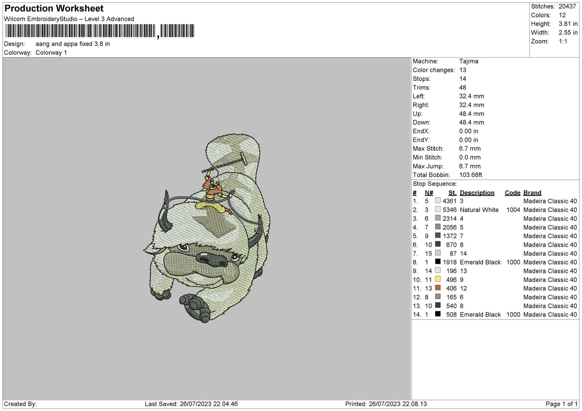 Aang Appa Embroidery File 6 sizes