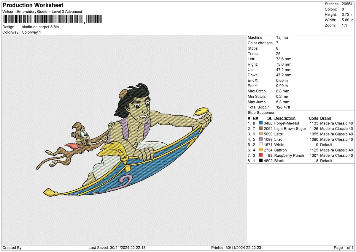 Aladin on Carpet Embroidery File 6 size