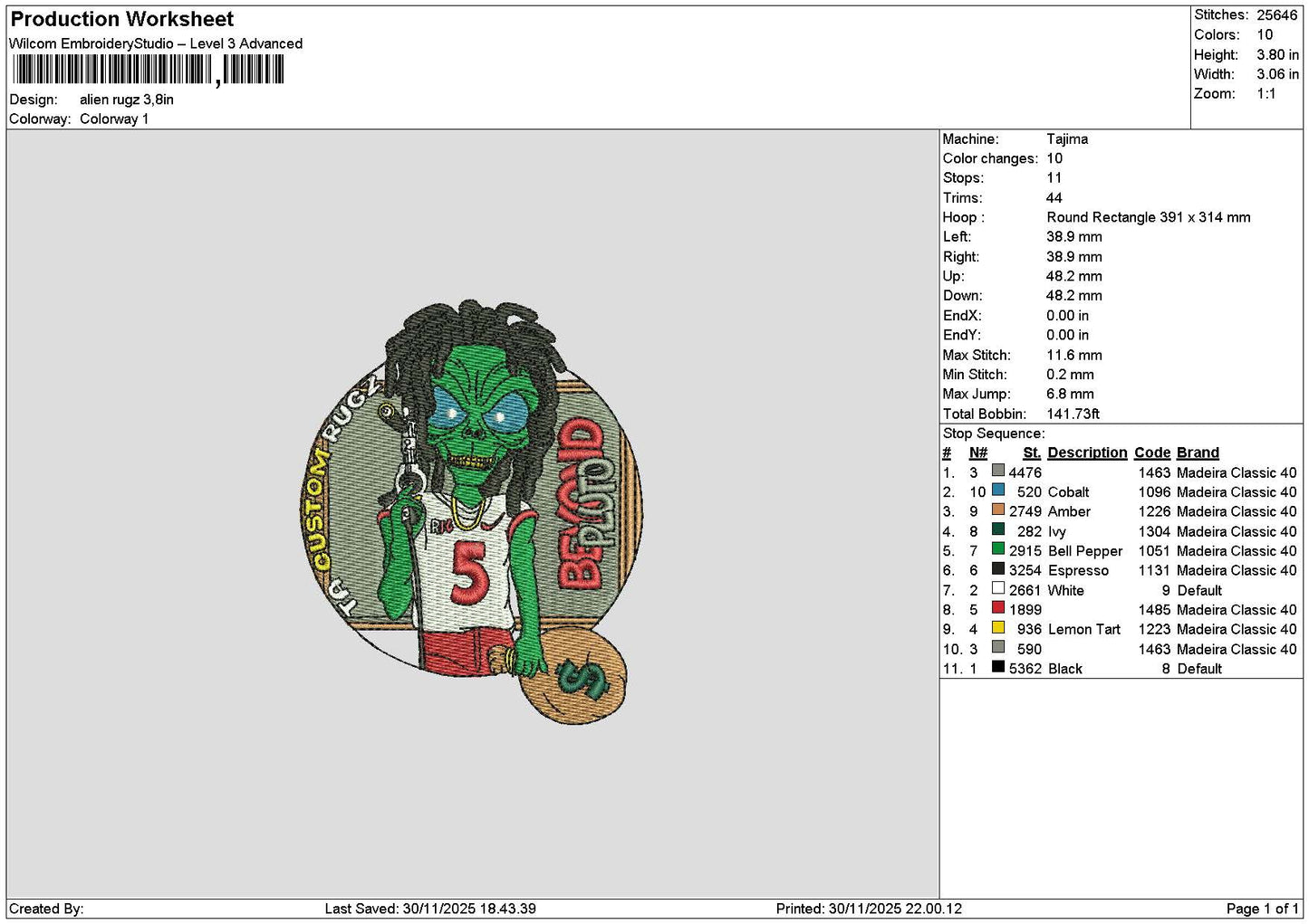 Alien 2911 Embroidery File 6 sizes