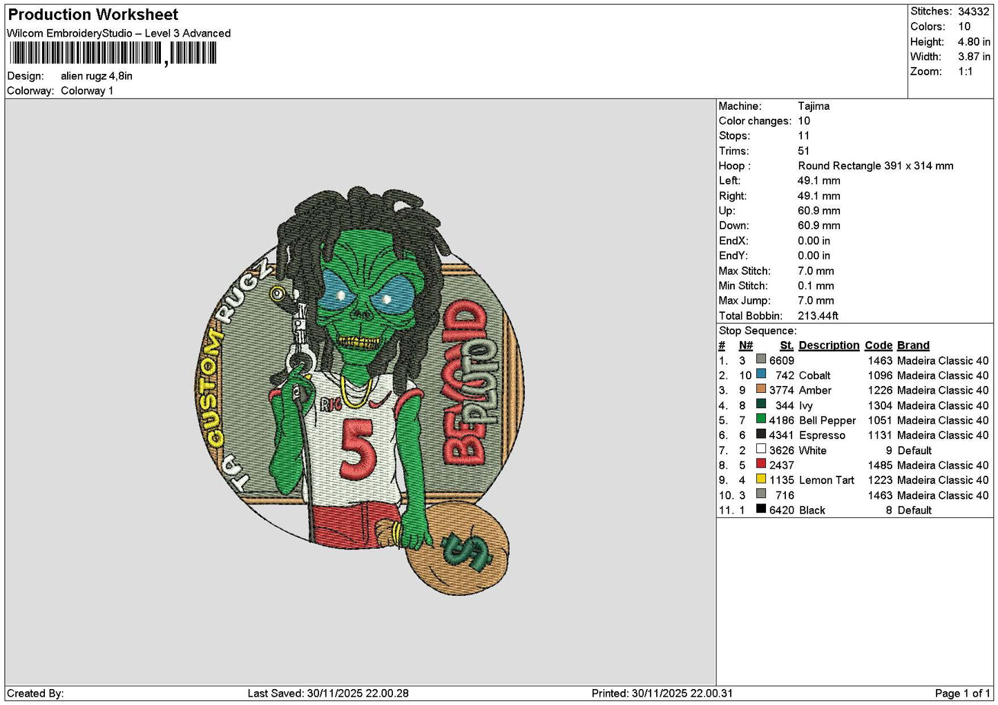 Alien 2911 Embroidery File 6 sizes