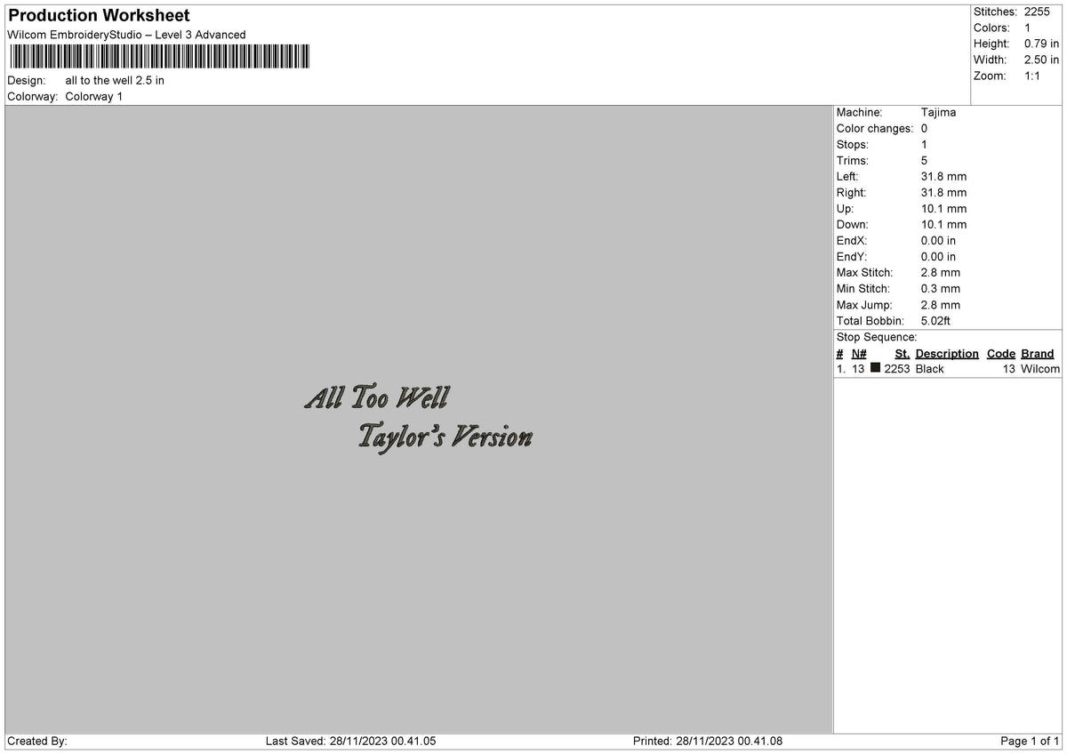 All To Well V2 Embroidery File 6 sizes